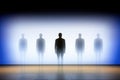 Silhouetted figures on a minimalist stage with gradient lighting effects Royalty Free Stock Photo
