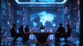 Silhouetted figures sit around a circular table in a dimly lit, futuristic setting