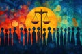 Silhouetted Figures Stand Before A Scale Of Justice, Set Against A Vibrant Sunset Royalty Free Stock Photo