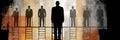 Silhouetted Figures in Suits Ascend Ladders Representing Ambition and Corporate Hierarchy at a Creative Workspace Royalty Free Stock Photo