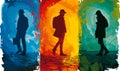 Silhouetted figures walking against blue yellow and green abstract painted backgrounds with urban vibes