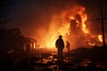 Silhouetted firemen confront raging inferno, burning debris