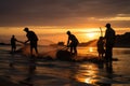 Silhouetted fishermen gather on a beach, casting lines into the ocean