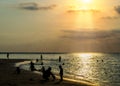 Silhouetted group of people on the beach and in the sea