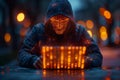 Silhouetted hacker team in hoods with laptops over a binary code background of cyber attacks