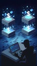 Silhouetted hacker works on laptop, dollar signs floating in a cyber matrix environment
