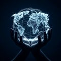Silhouetted hands cradle a glowing 3D world map network constructed from interconnected data nodes and light paths, symbolizing gl Royalty Free Stock Photo