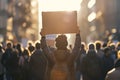 Silhouetted individual holding a blank protest sign against a sunset, space for your text