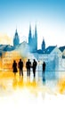 Silhouetted individuals before a radiant watercolor city backdrop