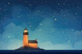 silhouetted lighthouse under a starry sky filled with constellations