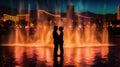 Silhouetted lovers standing side-by-side with a fountains on the background Royalty Free Stock Photo