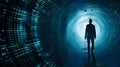 Silhouetted Man in Cyber Tunnel: Future, Technology, Mystery. Digital Data Surrounds, Conceptualizing Virtual Reality Royalty Free Stock Photo