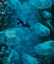 A silhouetted man is falling and drowning in sea water as bubbles and jellyfish float around him