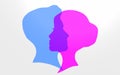 Silhouetted by men and women. Head in blue and pink on a white background. Relationship 3D rendering