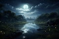 Silhouetted Moon night river. Generate Ai