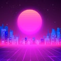 Silhouetted Night City on Skyline. 80s Retro Sci-Fi Background. Cyberpunk or Futuristic Design in 80s Style. Vector illustration Royalty Free Stock Photo