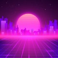 Silhouetted Night City on Skyline. 80s Retro Sci-Fi Background. Futuristic Design in 80s Style. Vector illustration Royalty Free Stock Photo