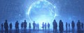 Silhouetted people around a holographic globe.