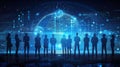 Silhouetted people around a holographic globe.
