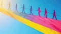 Silhouetted people on a colorful bridge against a bright sky. Royalty Free Stock Photo