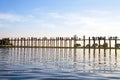 Silhouetted people on U Bein Bridge at sunset, Amarapura, Mandal Royalty Free Stock Photo