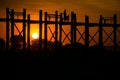 Silhouetted people on U Bein Bridge at sunset, Amarapura. Royalty Free Stock Photo