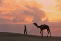 Silhouetted person with a camel at sunset, Thar desert near Jaisalmer, India