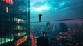 Silhouetted Person Tightrope Walking Between Skyscrapers at Dusk. Urban High-Wire Act, Symbolizing Risk and Courage in a