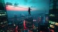 Silhouetted Person Tightrope Walking Between Skyscrapers at Sunset. Urban Adventure, Risk Taking, Modern Cityscape