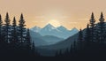 Pine forest silhouette against snow capped mountains at sunset Royalty Free Stock Photo
