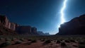 Silhouetted rock formations on a desert landscape dramatically lit by a powerful, wide lightning strike. A massive, wide lightning Royalty Free Stock Photo