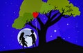 Silhouetted, Romantic Couple Under The Tree, And Romantic Moon Night, With Starry Sky. Royalty Free Stock Photo