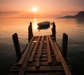 Silhouetted rowing boat on Lake Garda, Italy