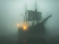 A Silhouetted Sailboat Vanishes into the Fog Royalty Free Stock Photo