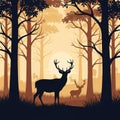 Silhouette of a serene forest scene with tall, leafless trees and multiple deer, including two Royalty Free Stock Photo
