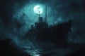 A Silhouetted Ship Under a Full Moon in a Foggy Sea