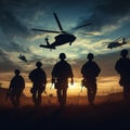 Silhouetted soldiers and helicopters against a twilight sky