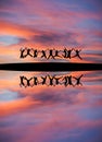 Silhouetted teens holding hands and jumping in sunset sky