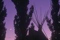 Silhouetted Teepee and trees against purple sky & crescent moon Royalty Free Stock Photo