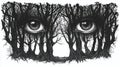 Silhouetted trees form a dense forest with intertwining branches, creating the illusion of two eyes peering through