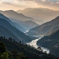 Silhouetted view of the foothills of the Himalayas between Rishikesh and Devprayag in the Ganges Valley, Uttarakhand, India Royalty Free Stock Photo