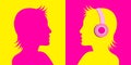 Silhouetted woman with and without headphones. Eighties retro party music background