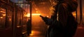 Silhouetted woman waits on platform, phone lit by passing train s glow