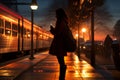 Silhouetted woman waits on platform, phone lit by passing train s glow