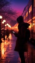 Silhouetted woman waits on platform, phone lit by passing train s glow