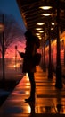Silhouetted woman waits on platform, phone lit by passing train s glow