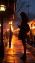 Silhouetted woman waits on platform, phone lit by passing train s glow