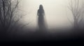 Silhouetted Woman In White Dress Emerging From Thick Fog Royalty Free Stock Photo