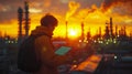 Silhouetted worker holding a tablet, standing in front of a refinery during a glowing sunset, symbolizing technology and Royalty Free Stock Photo