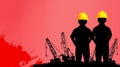 Silhouetted Workers at Construction Site with Cranes on a Red Royalty Free Stock Photo